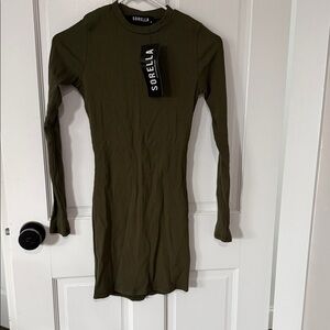 Sorel Olive Ribbed Long Sleeve Bodycon Dress